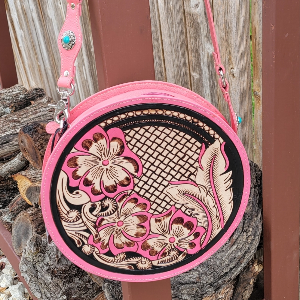 Magna Falls Large Round Myra Bag | Pink Hand Tooled Leather Bag